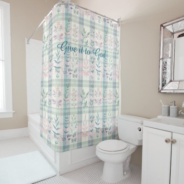 Custom Christian Quote Light Pastel Plaid Shower Curtain (In Situ)