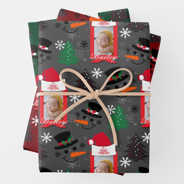 Custom Christmas 3 Photo name Grey Red Green 3 set Wrapping Paper Sheet (In situ)