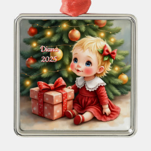 Custom Christmas Baby Sitting By Tree Scene Metal Tree Decoration