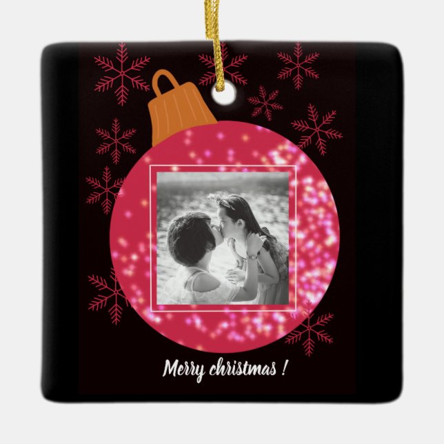 Custom christmas black photo collage bauble  ceramic ornament (Front)
