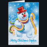 Custom Christmas card Jolly snowman<br><div class="desc">Custom Christmas card Jolly snowman . A christmas dancing tinselled snowperson. Customise the message with your own choice of name,  it's so easy to change the name and make someone's Christmas special.</div>