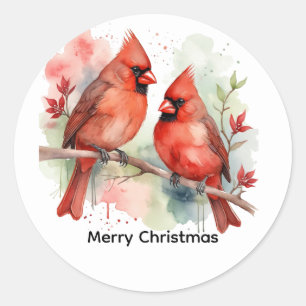 Custom Christmas Cardinal Red Bird Couple Art Classic Round Sticker