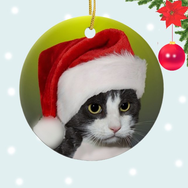 Custom Christmas Carol Tuxedo Cat Photo Ceramic Tree Decoration (Creator Uploaded)