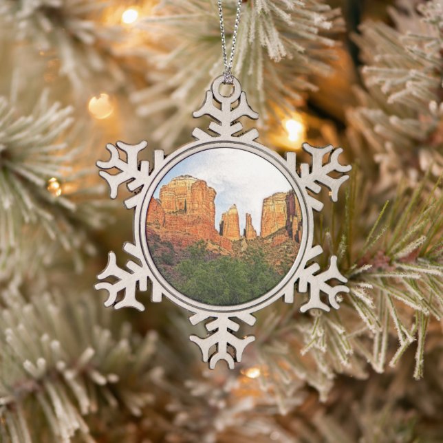 Custom Christmas Cathedral Rock Sedona Snowflake Pewter Christmas Ornament (Tree)
