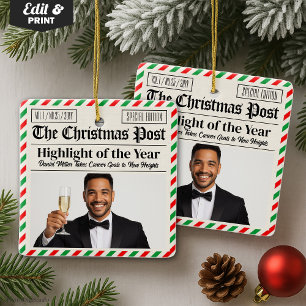 Custom Christmas Celebrate Achievement Newspaper  Ceramic Ornament