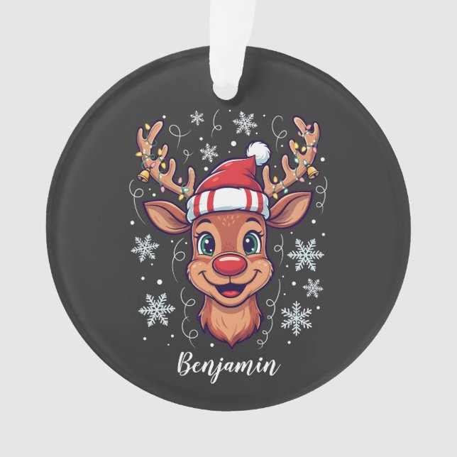 Custom Christmas Cheer Cute Reindeer in Hat  Ornament (Front)