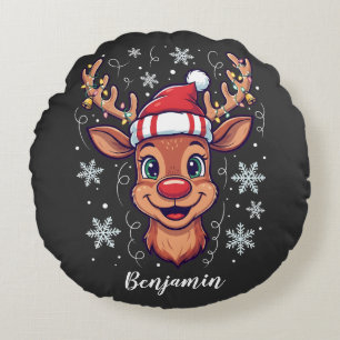 Custom Christmas Cheer Cute Reindeer in Hat Round Cushion
