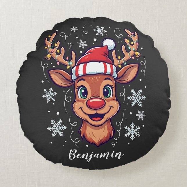 Custom Christmas Cheer Cute Reindeer in Hat  Round Cushion (Front)