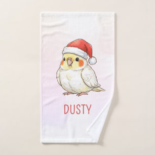 Custom Christmas Cockatiel Wearing Santa Hat Hand Towel