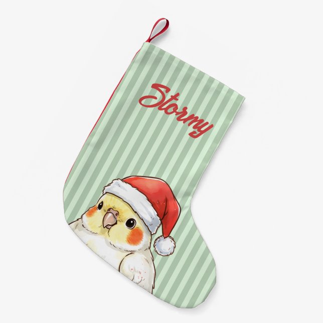 Custom Christmas Cockatiel Wearing Santa Hat Small Christmas Stocking (Front (Hanging))