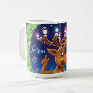 Custom Christmas coffee mug , Rudolph & lights