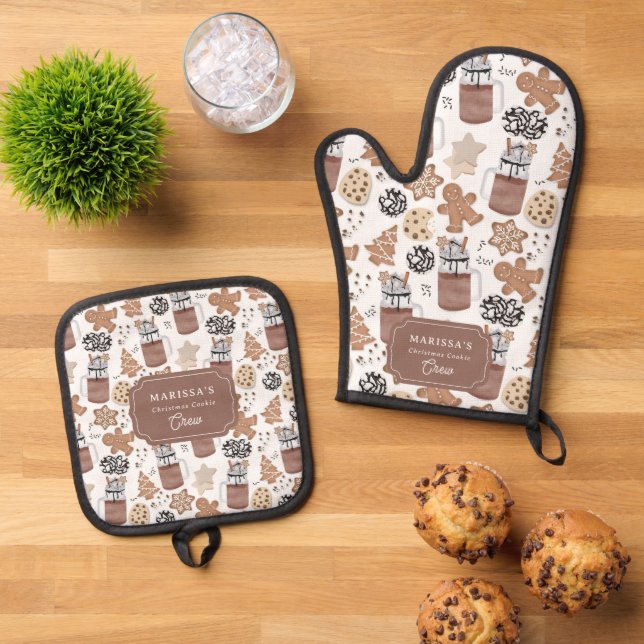 Custom Christmas Cookie Baking Crew Personalized Oven Mitt & Pot Holder Set (Top Down)