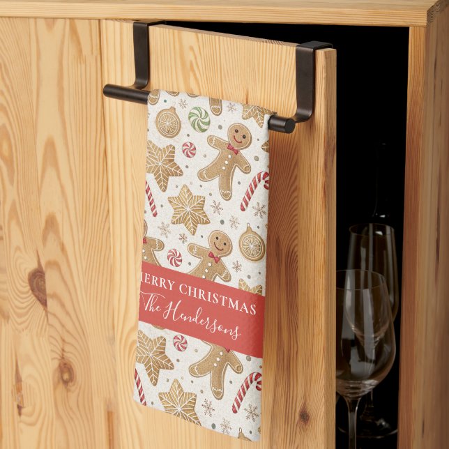 Custom Christmas Cookie Gingerbread Pattern Name Tea Towel (Thirds Fold)