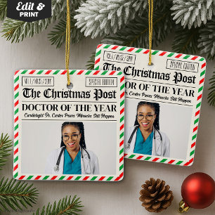 Custom Christmas Doctor Gift, Fun Newspaper Doctor Ceramic Ornament