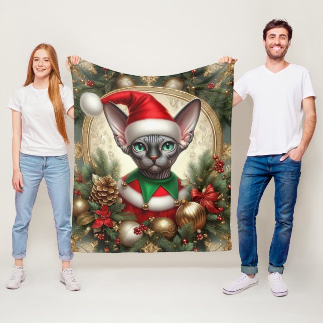 Custom Christmas Elf Sphynx Cat Gift Xmas  Fleece Blanket (In Situ)