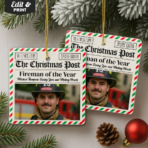 Custom Christmas Firefighter Gift, Fun Newspaper Ceramic Ornament
