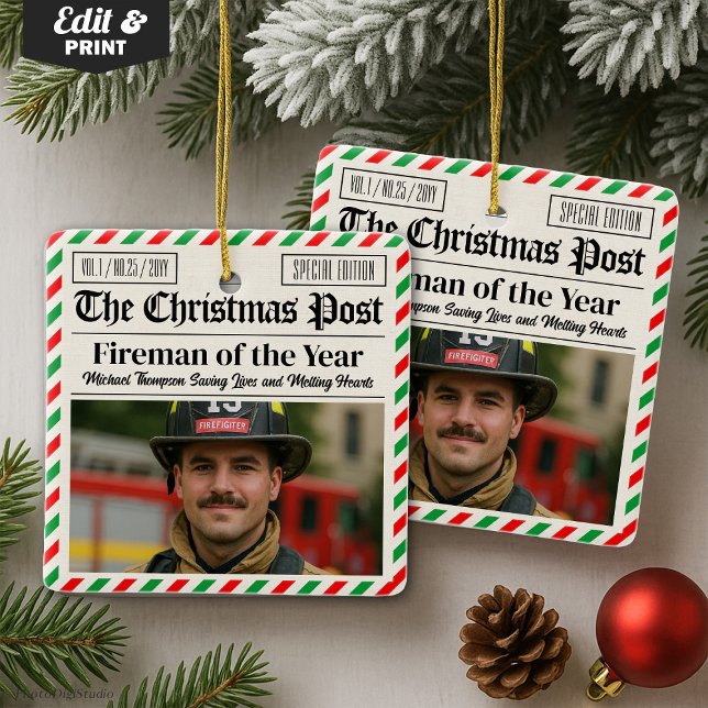 Custom Christmas Firefighter Gift, Fun Newspaper Ceramic Ornament (Custom Christmas Firefighter Gift, Fun Newspaper Ceramic Ornament)
