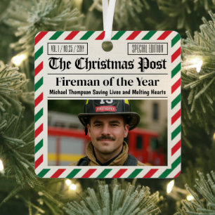 Custom Christmas Firefighter Gift, Fun Newspaper Metal Tree Decoration