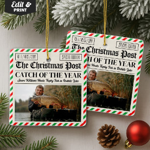 Custom Christmas Fishing Gift, Newspaper Fisherman Ceramic Ornament