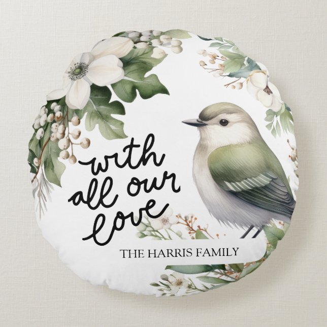 Custom Christmas Flowers & Bird Pillow - With Love (Front)