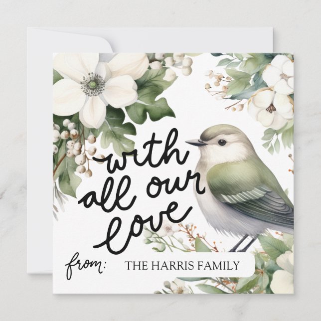 Custom Christmas Flowers & Bird With All Our Love Invitation (Front)