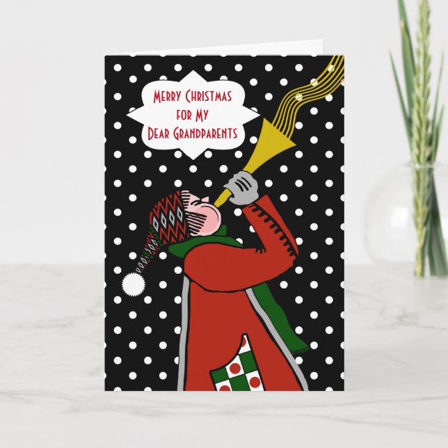 Custom Christmas for Grandparents, Trumpet in Snow Holiday Card (Front)