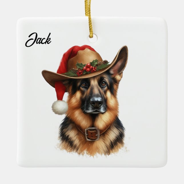 Custom Christmas German Shepherd Dog Cowboy Hat Ceramic Ornament (Front)