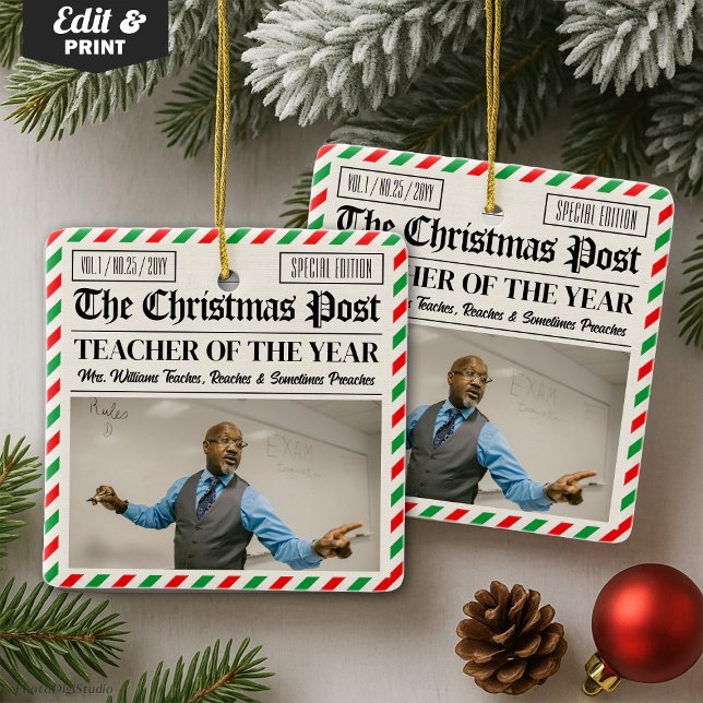 Custom Christmas Gift for Teacher Newspaper  Ceramic Ornament (Custom Christmas Gift for Teacher Newspaper Ceramic Ornament)
