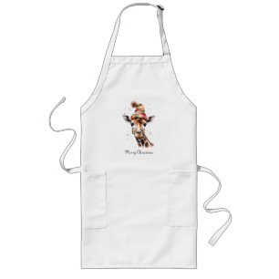 Custom Christmas Giraffe Watercolor Winter Hat Long Apron