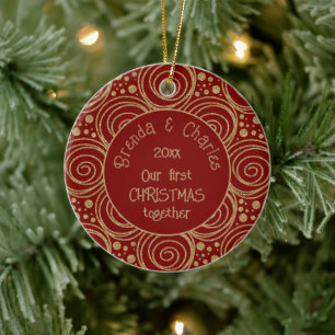 Custom Christmas Golden Swirls on Red Pattern - Ceramic Tree Decoration