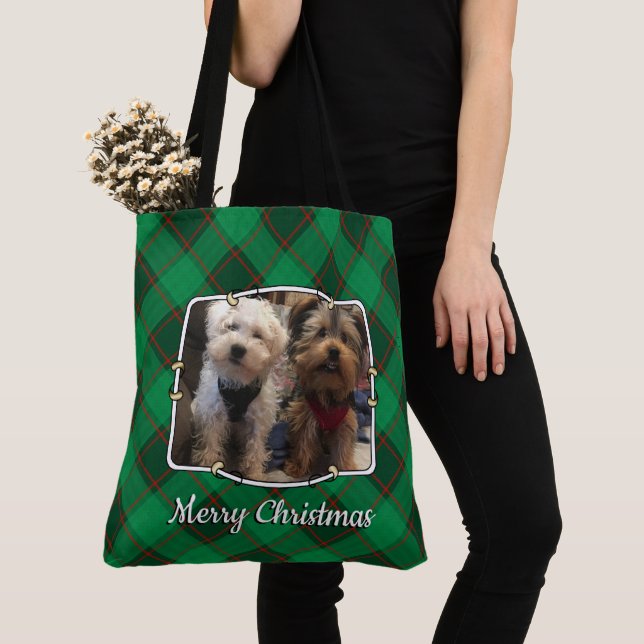 Custom Christmas Green and Red Plaid 2 Photo Frame Tote Bag (Close Up)