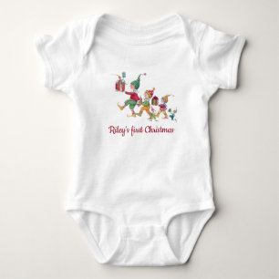 Custom Christmas Holiday Elves and Gifts White Baby Bodysuit