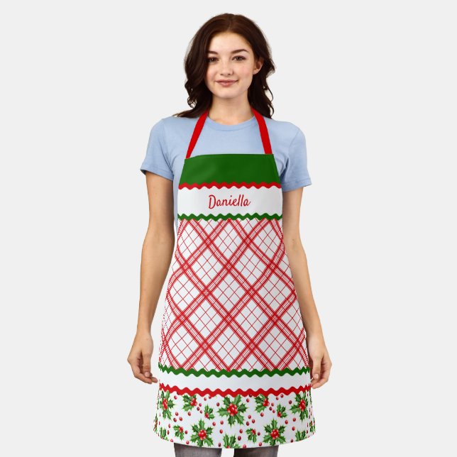 Custom Christmas Holiday Red Berries Green Holly Apron (Worn)