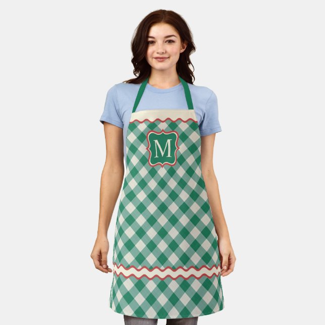 Custom Christmas Holiday Red Green Ivory Gingham Apron (Worn)