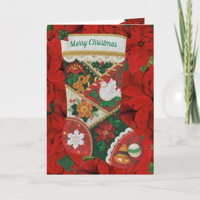 Custom Christmas Holiday Stocking & Poinsettia Tha Thank You Card (Front)