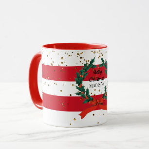 Custom Christmas Holly Berries Wreath Stripes  Mug