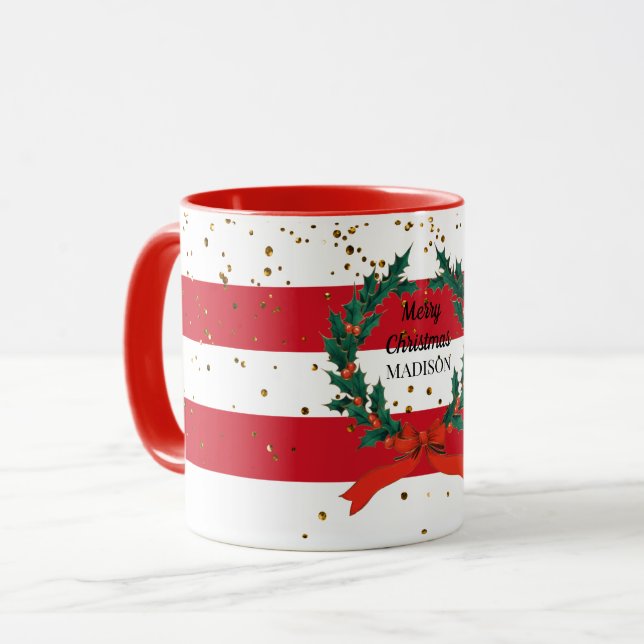 Custom Christmas Holly Berries Wreath Stripes  Mug (Front Left)