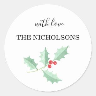 Custom Christmas Holly Classic Round Sticker