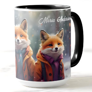 Custom Christmas Mug Cute Foxes In A Snowy Forest