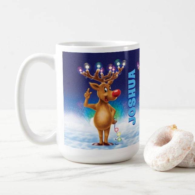 Custom Christmas mug, Rudolph and lights. Coffee M Coffee Mug (With Donut)