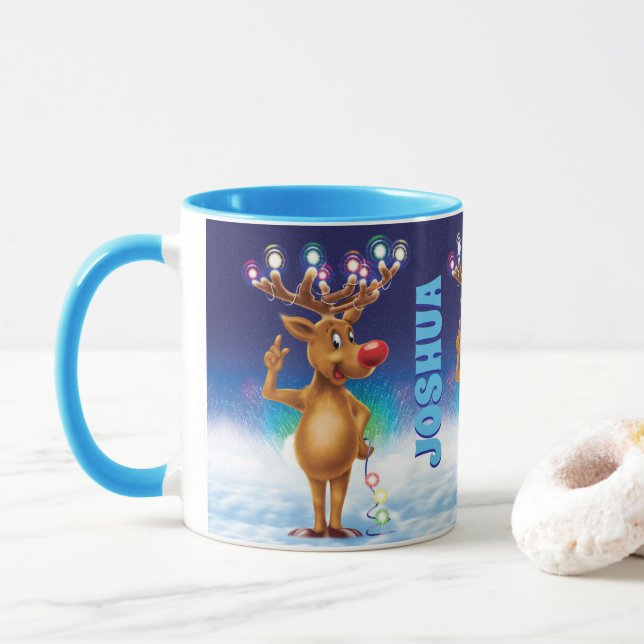 Custom Christmas mug, Rudolph and lights. Mug (With Donut)