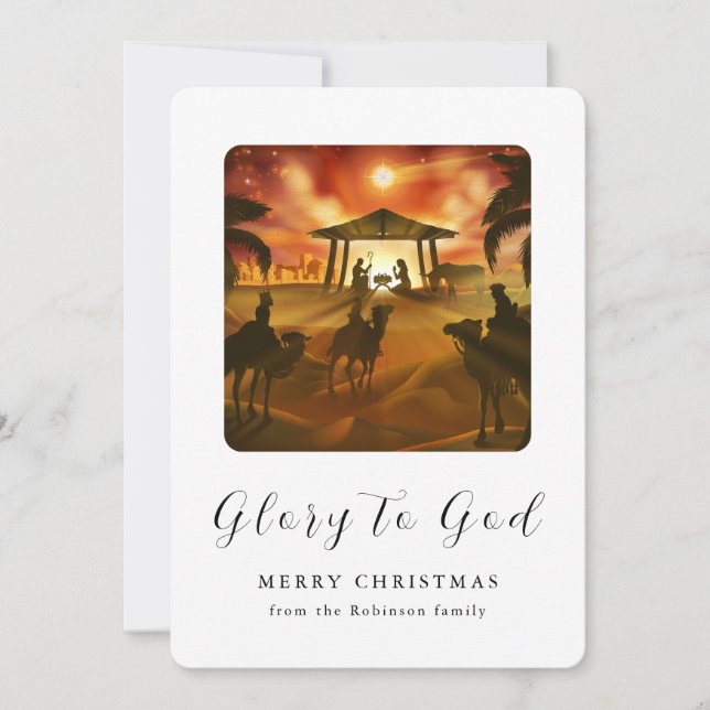 Custom Christmas Nativity Scene Glory to God Holiday Card (Front)