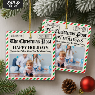 Custom Christmas Newspaper Decor, Family Photo Ceramic Ornament