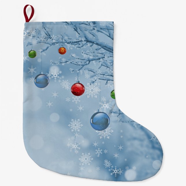 Custom Christmas Ornaments on Tree w Snow Flakes Large Christmas Stocking (Front)