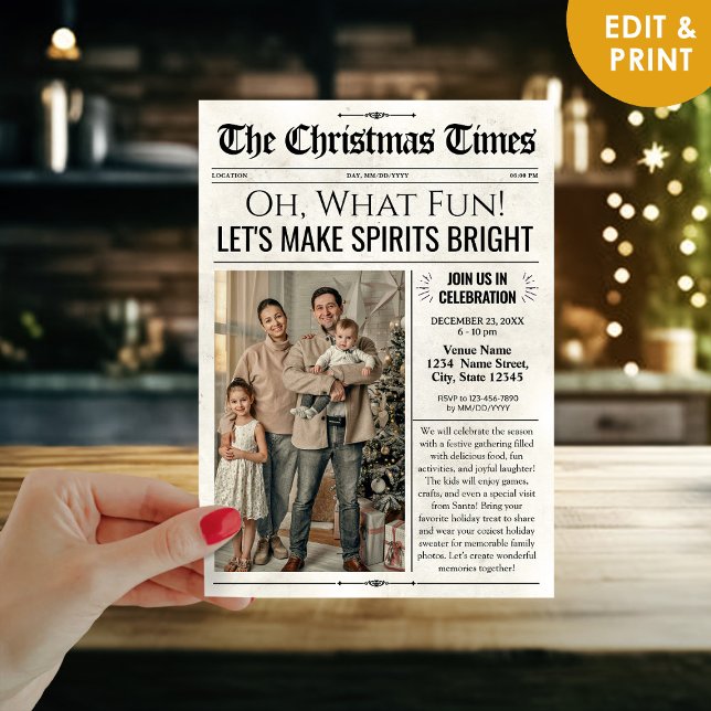 Custom Christmas Party Invitation Newspaper Invite (Personalized Newspaper Christmas Party Invitation Template with Photo)