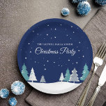 Custom Christmas Party Winter Trees Blue Paper Plate<br><div class="desc">Beautiful midnight blue sky with Christmas fir trees decorate this pretty,  custom Christmas party paper plate for a family dinner. Snow lines the lovely forest and white snowflakes sprinkle down in the night air. Personalise this pretty decor for a holiday gathering.</div>