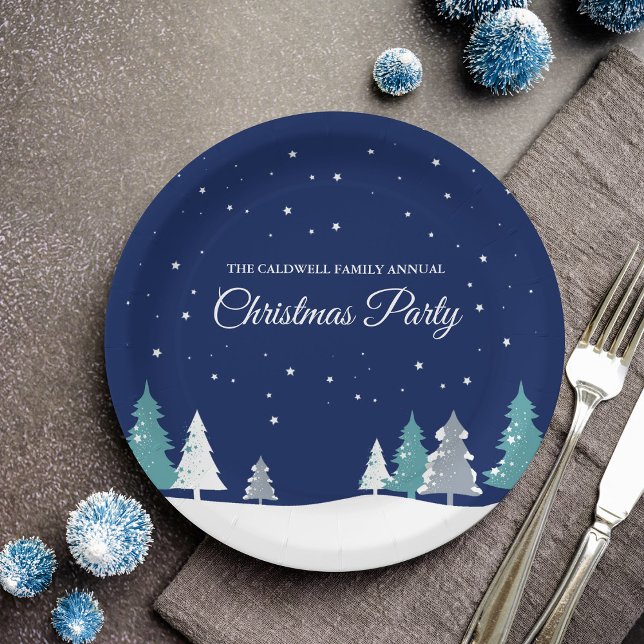 Custom Christmas Party Winter Trees Blue Paper Plate (Creator Uploaded)