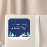 Custom Christmas Party Winter Trees Blue Square Sticker<br><div class="desc">Beautiful midnight blue sky with Christmas fir trees decorate this pretty,  custom Christmas party sticker for a family celebration. Snow lines the lovely forest and white snowflakes sprinkle down in the night air. Personalise these pretty stickers for holiday gifts.</div>