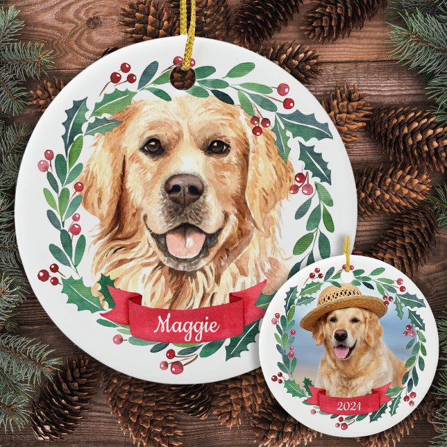 Custom Christmas Pet Dog Photo Golden Retriever    Ceramic Tree Decoration (Creator Uploaded)