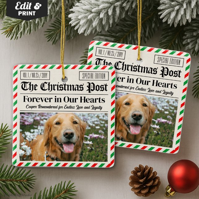 Custom Christmas Pet Loss Newspaper, Dog Memorial  Ceramic Ornament (Custom Christmas Pet Loss Newspaper, Dog Memorial Ceramic Ornament)